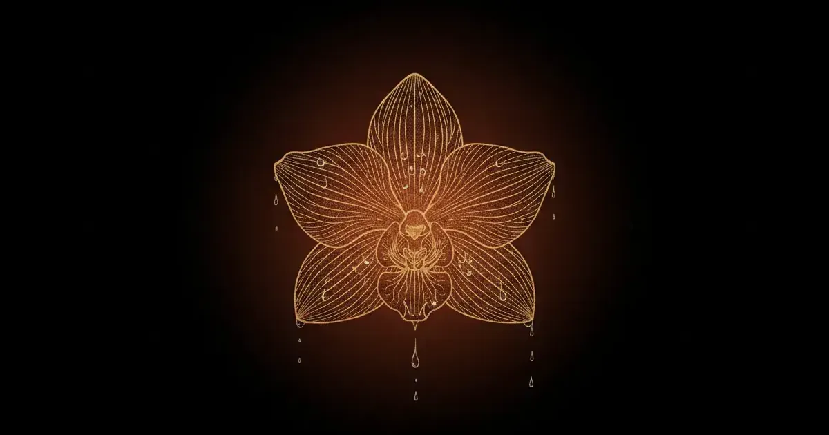 Corrimento vaginal — orquídea em line art dourada sobre fundo escuro, capa editorial