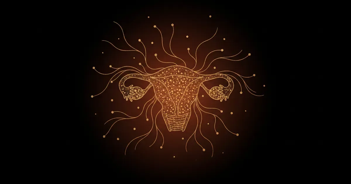 Endometriose — forma pontilhada com filamentos em line art dourada sobre fundo escuro, capa editorial