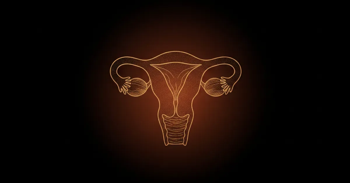 Mioma uterino — útero com nódulos em line art dourada sobre fundo escuro, capa editorial